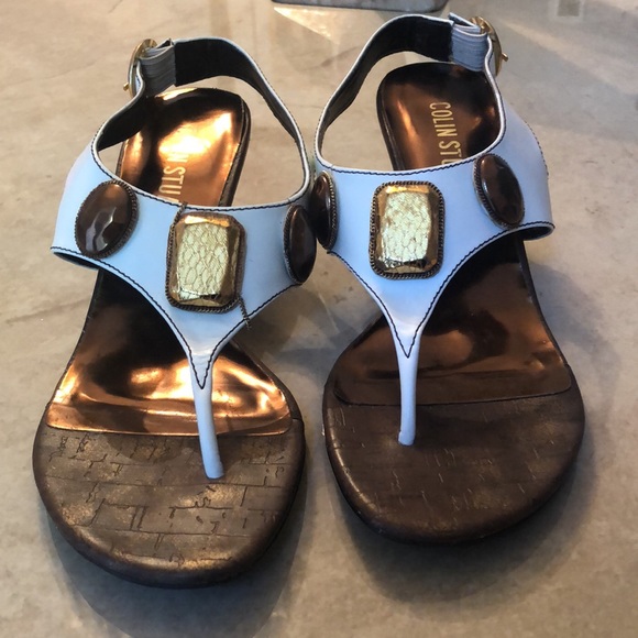 Colin Stuart heeled thong sandals. Gold heel, stone detail. Size 6.5 EUC - Picture 8 of 9